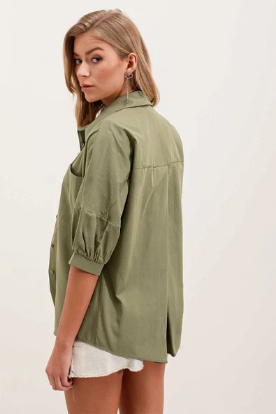 Kadın Overize Kısa Kol Gömlek Haki - 4