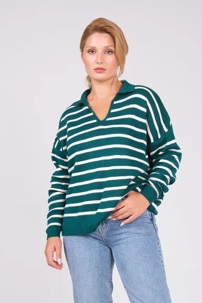 Kadın Polo Yaka İnce Çizgili Triko Kazak Zümrüt - Resim 2