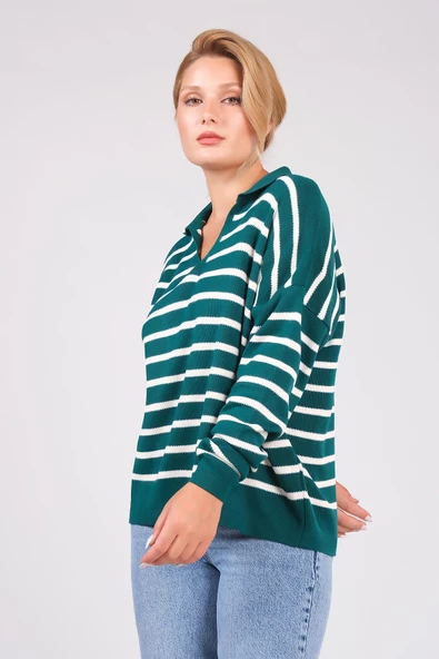 Kadın Polo Yaka İnce Çizgili Triko Kazak Zümrüt - Resim 4