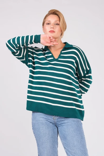 Kadın Polo Yaka İnce Çizgili Triko Kazak Zümrüt - Resim 3