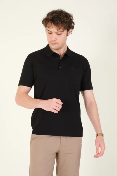 Erkek Süprem Kumaş Cepli Polo Yaka T-Shirt Siyah - 2