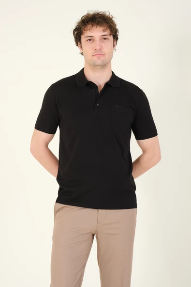 Erkek Süprem Kumaş Cepli Polo Yaka T-Shirt Siyah - 4