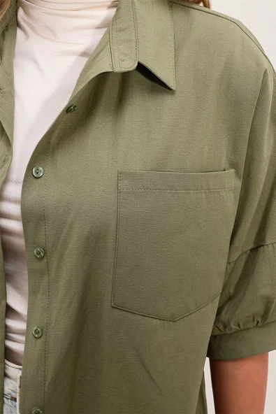 Kadın Overize Kısa Kol Gömlek Haki - 3