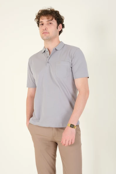 Erkek Süprem Kumaş Cepli Polo Yaka T-Shirt Gri - 2
