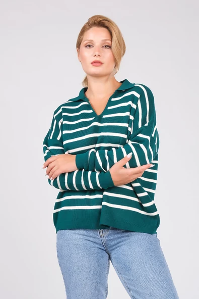 Kadın Polo Yaka İnce Çizgili Triko Kazak Zümrüt - Resim 5