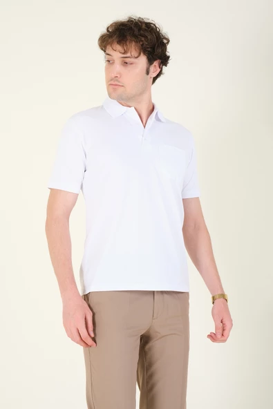 Erkek Polo Yaka Cepli T-Shirt Beyaz - Resim 5