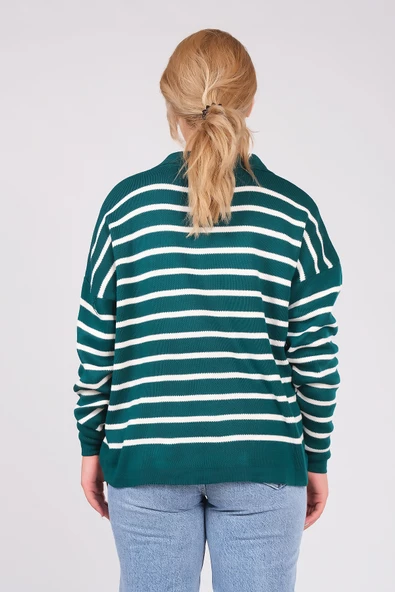 Kadın Polo Yaka İnce Çizgili Triko Kazak Zümrüt - Resim 6