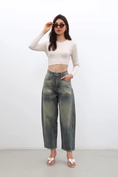 Kadın Yüksek Bel Skater Fit Jean Pantolon Tint Yeşil - 2