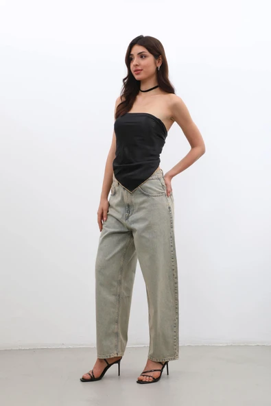 Kadın Yüksek Bel Skater Fit Jean Pantolon Kahverengi - Resim 2