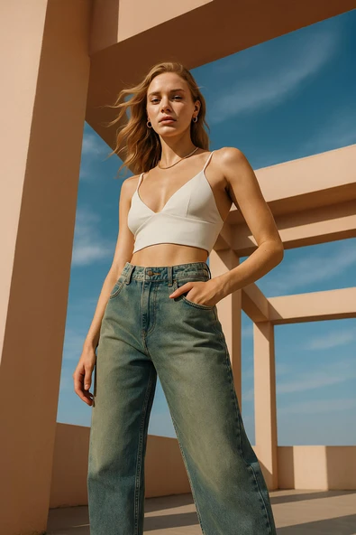 Kadın Yüksek Bel Skater Fit Jean Pantolon Tint Yeşil