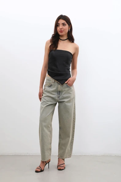 Kadın Yüksek Bel Skater Fit Jean Pantolon Kahverengi - Resim 3