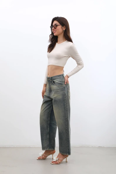 Kadın Yüksek Bel Skater Fit Jean Pantolon Tint Yeşil - 5