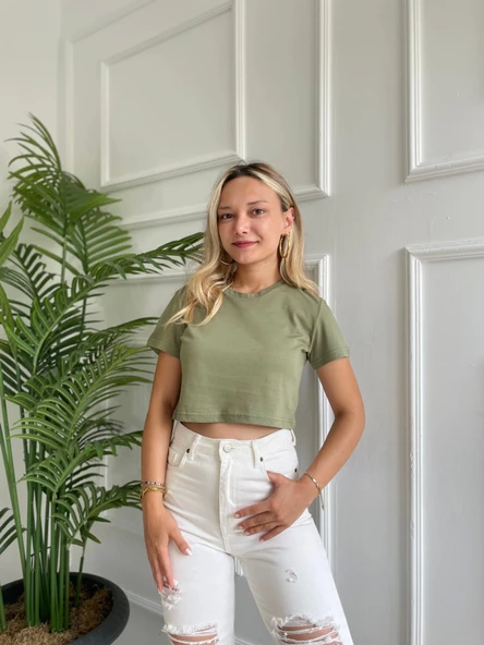 Kadın Basic Crop Tshirt Haki - 3