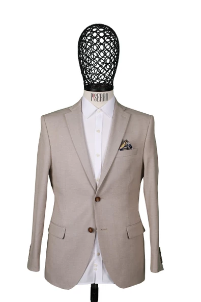 Slim Fit Bej Rengi Klasik Desenli Ceket