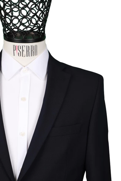 Slim Fit Yünlü Klasik Desenli Lacivert Ceket - 2