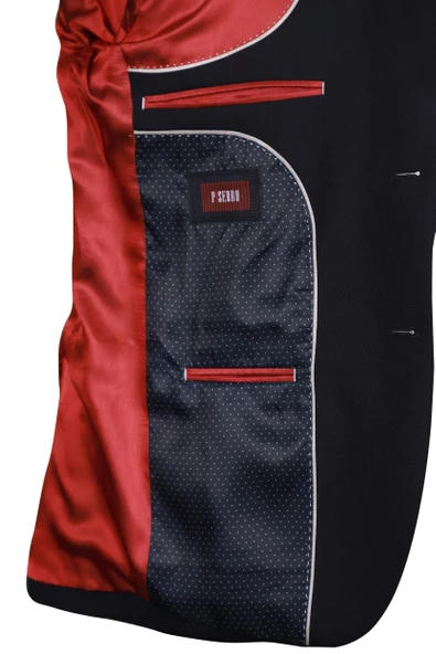 Slim Fit Yünlü Klasik Desenli Lacivert Ceket - 3