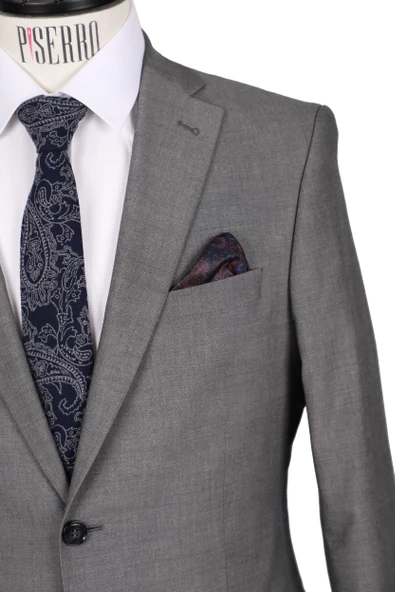 Slim Fit Yünlü Gri Takım Elbise - 3