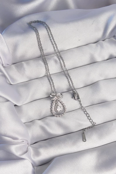 316L Çelik Gümüş Renk Fiyonk Detaylı Zirkon Taşlı Damla Model Kolye - EBJ240807W25507 - Resim 2