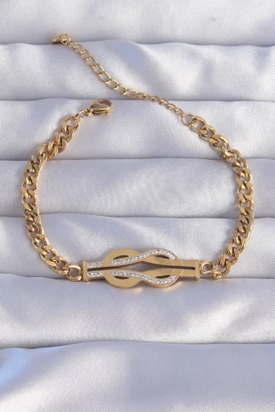 316L Çelik Gold Renk Zirkon Taşlı Kemer Tokası Model Zincir Bileklik - EBJ240807W25664 ürün görseli