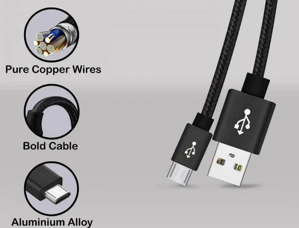 Micro USB Girişli Telefonlara Uyumlu Hasır Micro Kopmaz Bükülmez Şarj Aleti Kablosu Şarj Veri Kablo - 4
