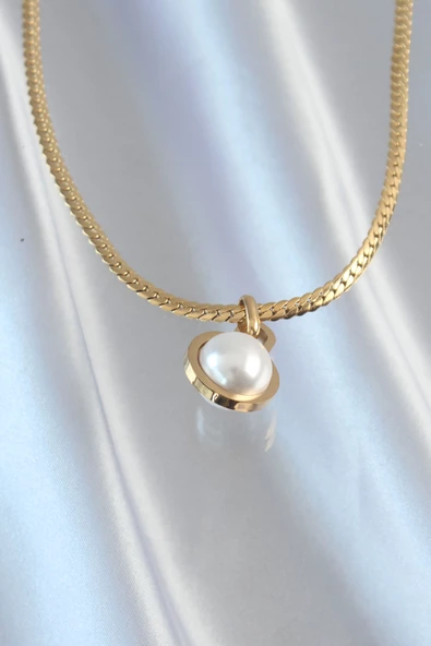 316L Çelik Gold Renk Yassı Zincir İnci Taşlı Kolye - EBJ240807W25480
