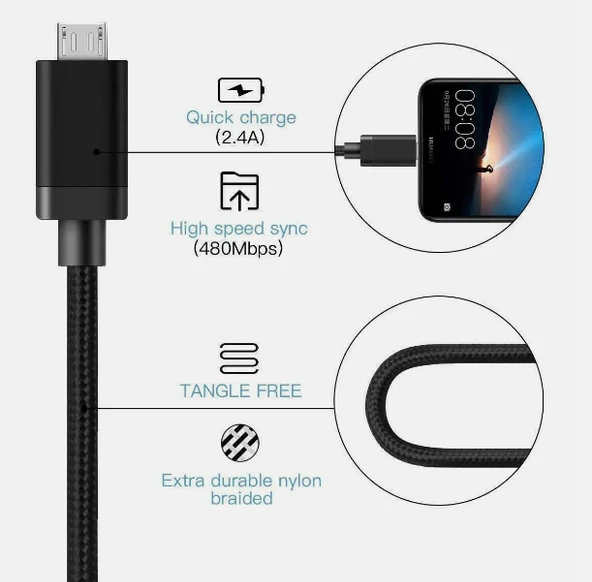 Micro USB Girişli Telefonlara Uyumlu Hasır Micro Kopmaz Bükülmez Şarj Aleti Kablosu Şarj Veri Kablo - 3