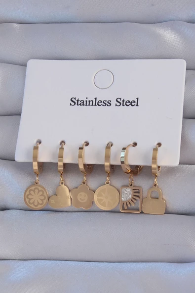 316L Çelik Gold Renk Zirkon Taşlı Çiçek Figürlü Kalp Model Halka Küpe Seti - EBJ240807W25613 ürün görseli