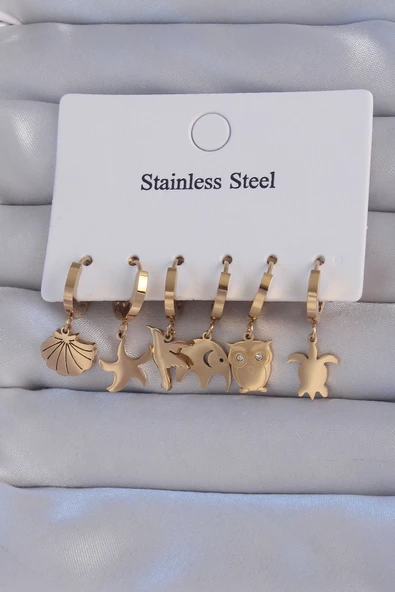 316L Çelik Gold Renk Zirkon Taşlı Hayvan Figürlü Deniz Yıldızı Model Halka Küpe Seti - EBJ240807W25614 ürün görseli