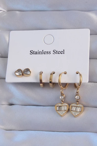 316L Çelik Gold Renk Zirkon Taşlı Kalp Model Halka Küpe Seti - EBJ240807W25610 ürün görseli