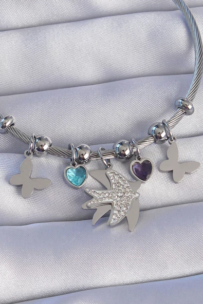 316L Çelik Gümüş Renk Zirkon Taşlı Kuş Tasarımlı Kelebek Detay Charm Bileklik - EBJ240807W25648 - Resim 2