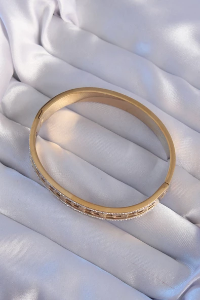 316L Çelik Gold Renk Zirkon Taşlı Tiffany Model Kelepçe - EBJ240807W25642 - Resim 2