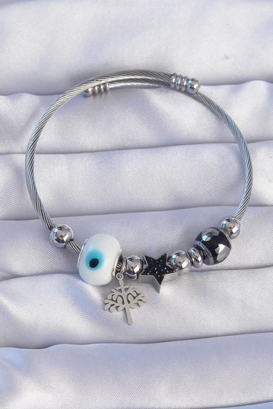 316L Çelik Gümüş Renk Siyah Zirkon Taşlı Yıldız Tasarımlı Ağaç Detay Nazarlı Charm Bileklik - EBJ240807W25652 ürün görseli