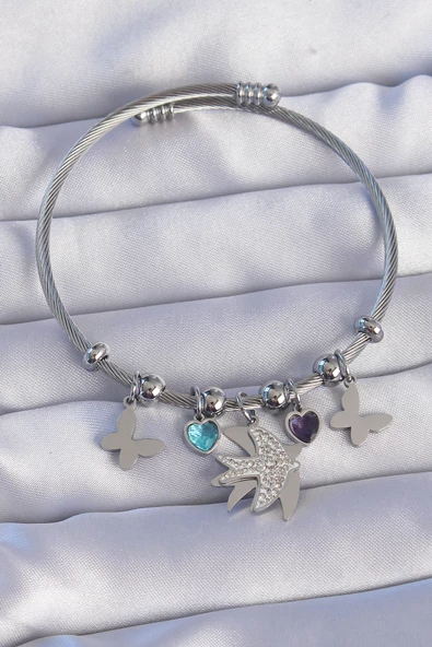 316L Çelik Gümüş Renk Zirkon Taşlı Kuş Tasarımlı Kelebek Detay Charm Bileklik - EBJ240807W25648 ürün görseli