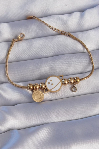 316L Çelik Gold Renk Zirkon Taşlı Mineli Satürn Tasarımlı Bileklik - EBJ240807W25654 ürün görseli