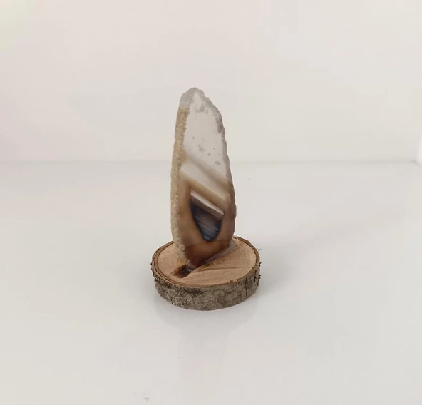 Doğal Taş Plaka Akik Kahverengi Ahşap Standlı Dekoratif Obje Biblo Traverten - 3