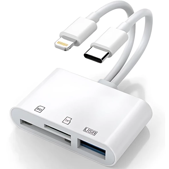 Polham Type-c ve Lightning Çift Girişli Universal SD-TF Kart ve USB OTG Çevirici Adaptör, Klavye, Mouse Okuyucu