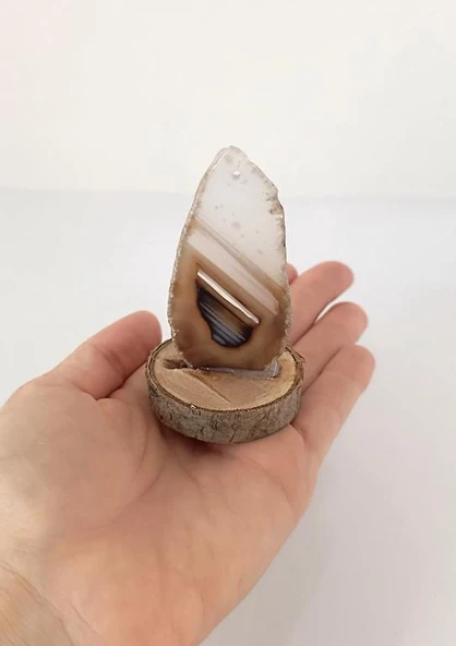 Doğal Taş Plaka Akik Kahverengi Ahşap Standlı Dekoratif Obje Biblo Traverten - 2