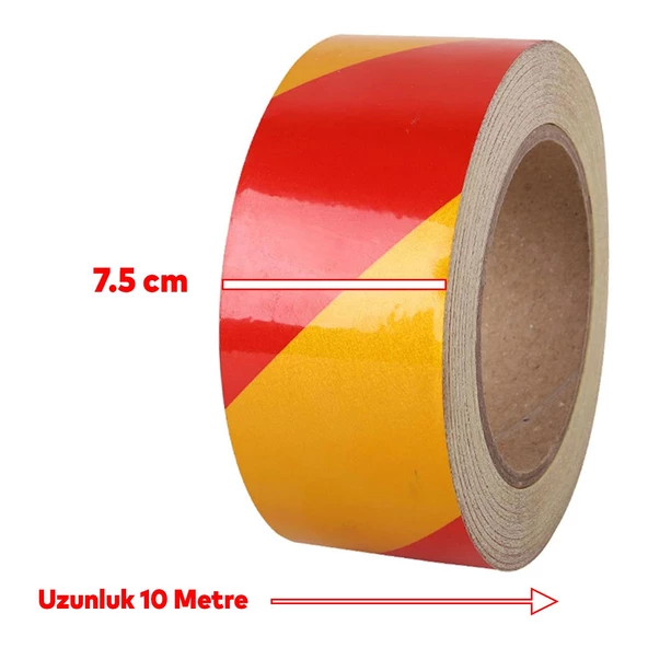Reflektörlü Yapışkanlı Parlayan Fosfor Sarı Kırmızı Reflektif Düz Şerit Bant 7.5 cm 10 Mt İkaz Band - 2