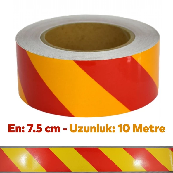 Reflektörlü Yapışkanlı Parlayan Fosfor Sarı Kırmızı Reflektif Düz Şerit Bant 7.5 cm 10 Mt İkaz Band - 4