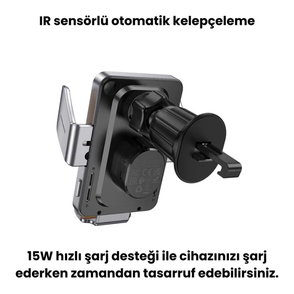 Coofbe Süper Hızlı Havalandırma 15W Araç Şarj Cihazı Araç Telefon Tutucu Araç Şarjlı Telefon Tutucu - 5
