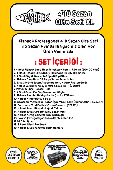 Fishack 4'lü Sazan Olta Seti XL - 3.60MT/50-100GR - Resim 2