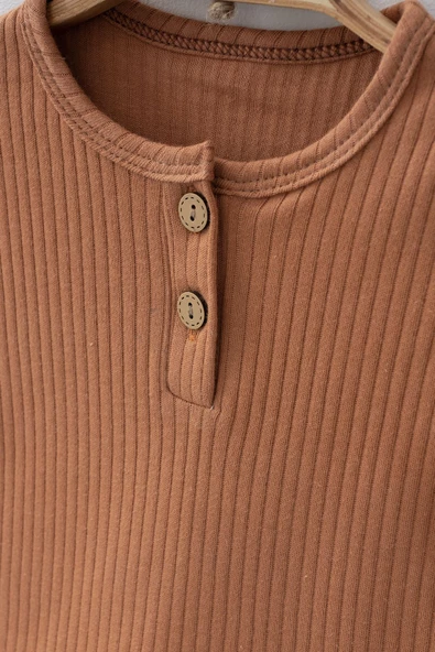 Kahverengi %100 Pamuklu Unisex Bebek Alt Üst 2'li Şortlu Takım - Resim 2