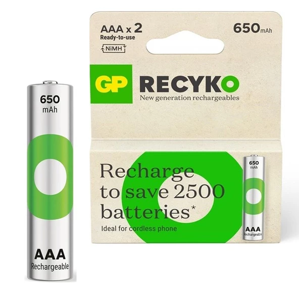 GP Recyko GP65AAAHCER21 Şarjlı Pil AAA İnce Kalem 650 Mah Ni-Mh 2Li Paket