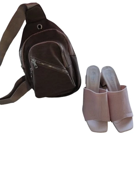 Dikey Şerit Desenli Triko Terlik ve Sırt ve omuz çantası ikili set ürün görseli