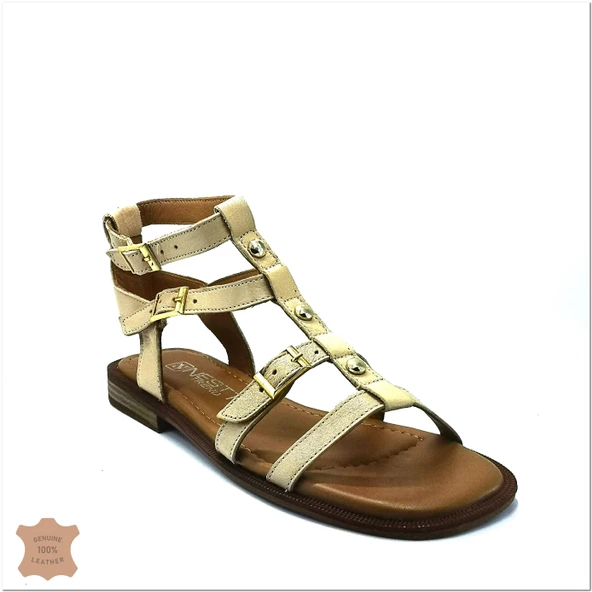 Janestt Kadın Hakik Deri Zımbalı Bodrum Sandalet 265-16222 - 7