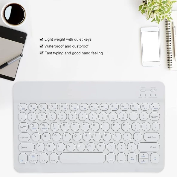 Hometech Alfa 10RC 10.1" Uyumlu Kablosuz Bluetooth Şarj Edilebilir Yuvarlak Tuşlu Klavye - Beyaz - 7