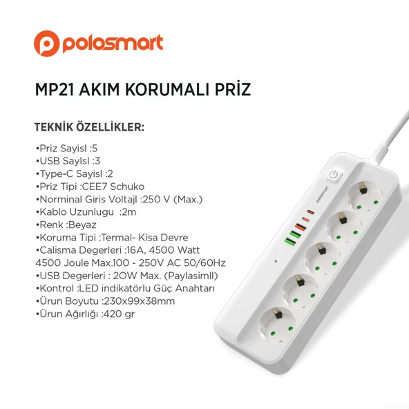 Polosmart MP21 Akım Korumalı 5'li Priz 3 USB 2 Typc-C - 3