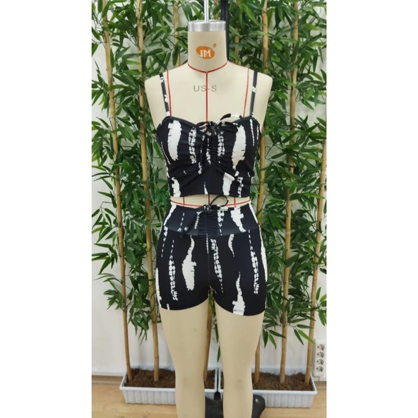 Kadın Büzgü Detay Askılı Crop Mini Tayt Ikili Takım - 10