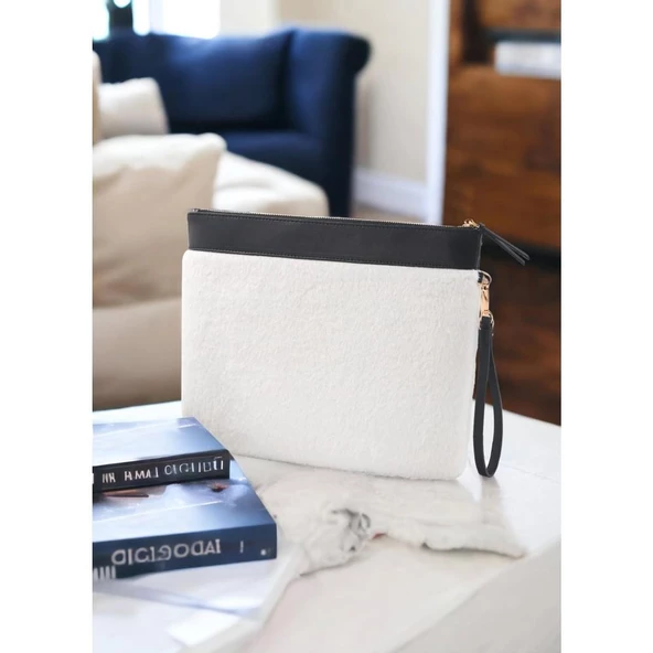 The Mia BAG029 Peluş Clutch Çanta Beyaz 26 x 33 Cm - 3