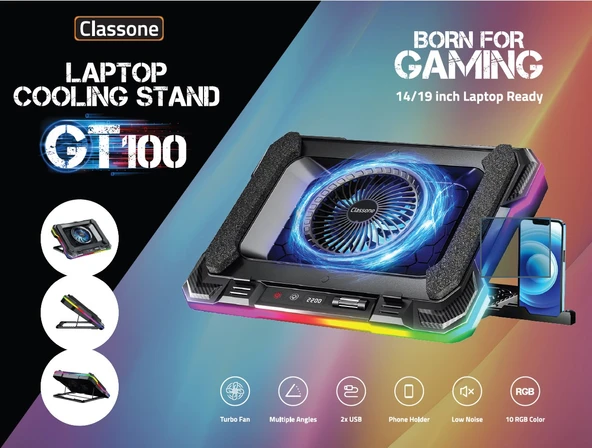 Classone GT100 Telefon Tutuculu 10 RGB Işıklı Gaming Oyuncu Laptop Soğutucu - 7